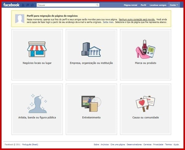 Página para realizar a migração de Perfil para Fan Page Página para realizar a migração de Perfil para Fan Page
