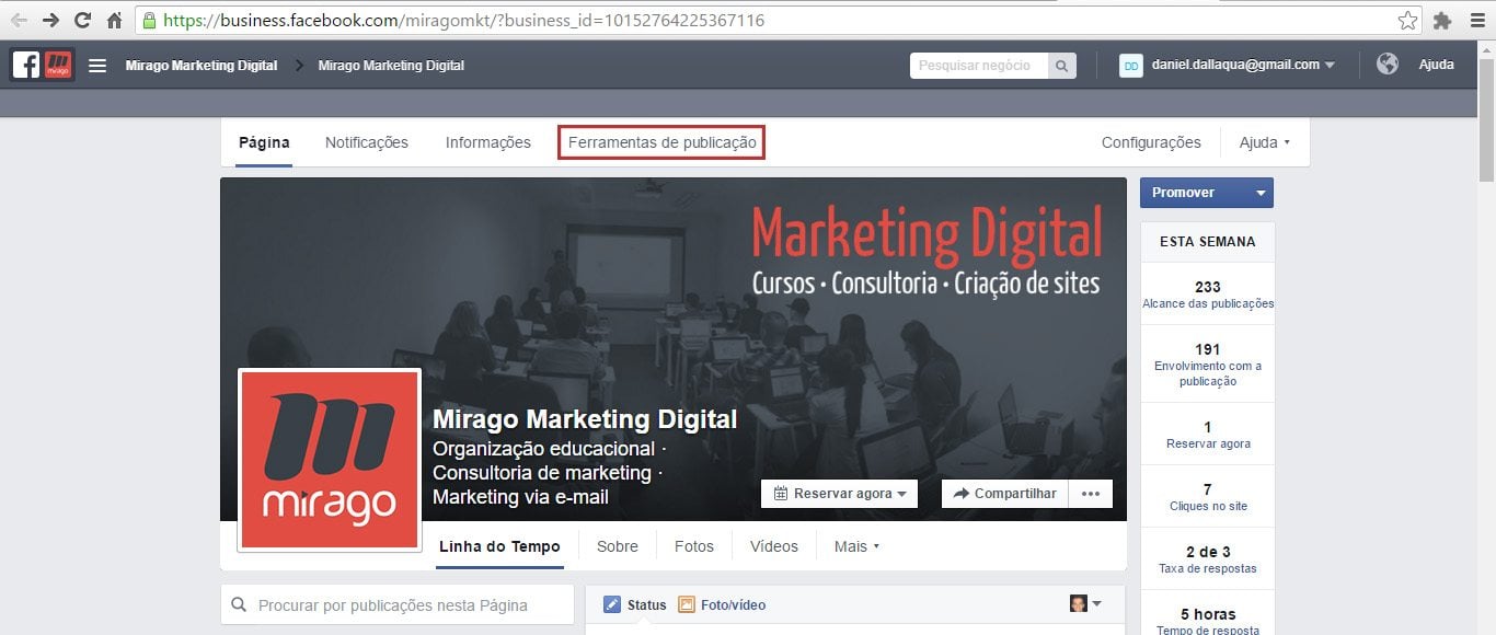 ferramentas de publicação fan page