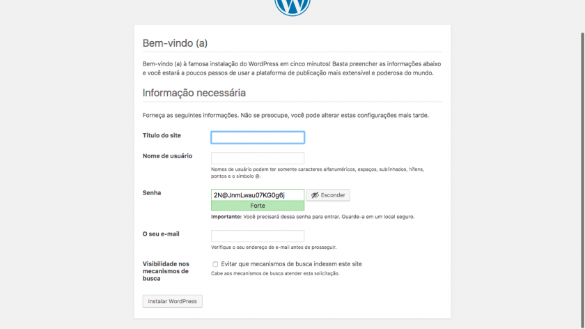 Tela de configuração do WordPress durante a instalação