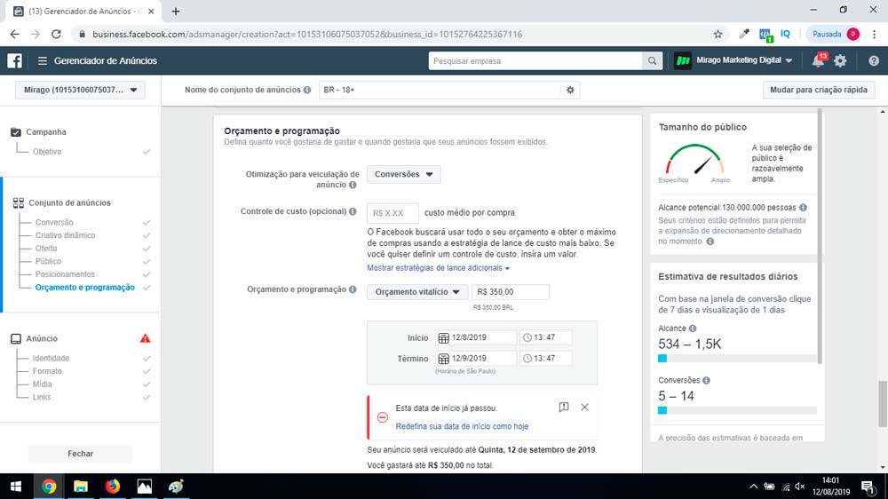 orçamento da campanha de conversão no Facebook Ads
