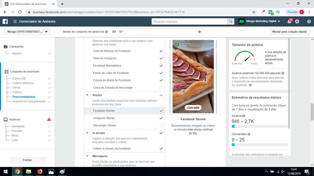 posicionamento para campanha de conversão no Facebook Ads