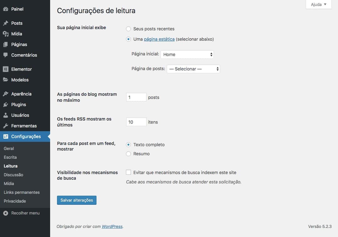 Configurações de Leitura do WordPress