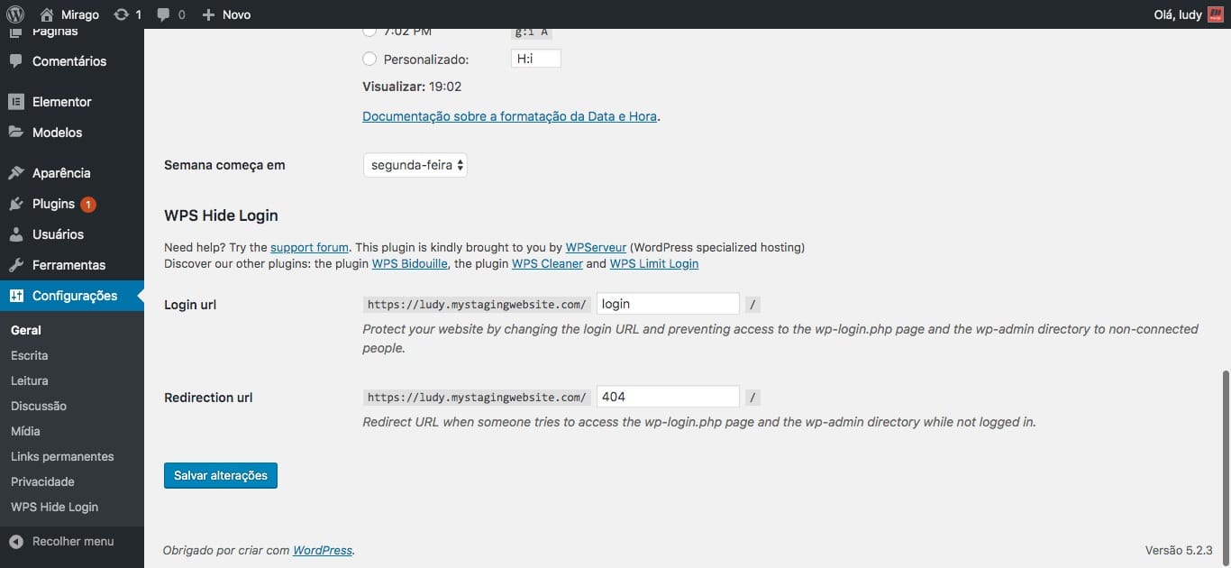 Configuração do plugin WPS Hide Login