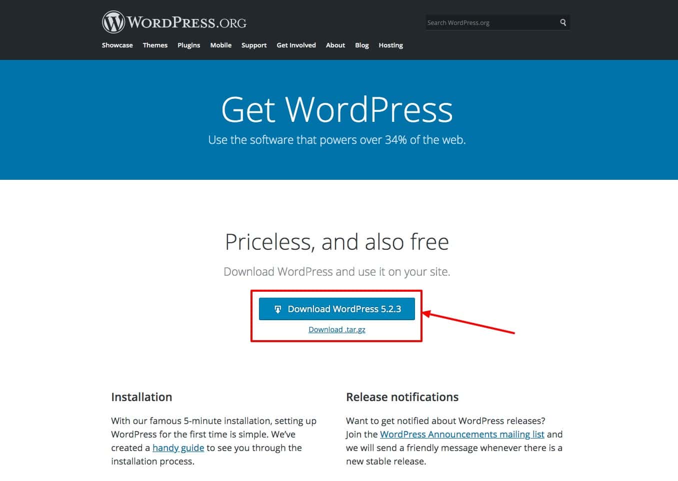 Download do WordPress no site wordpress.org