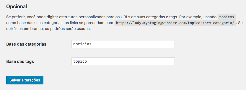 Configuração de links permanentes: base das categorias e tags