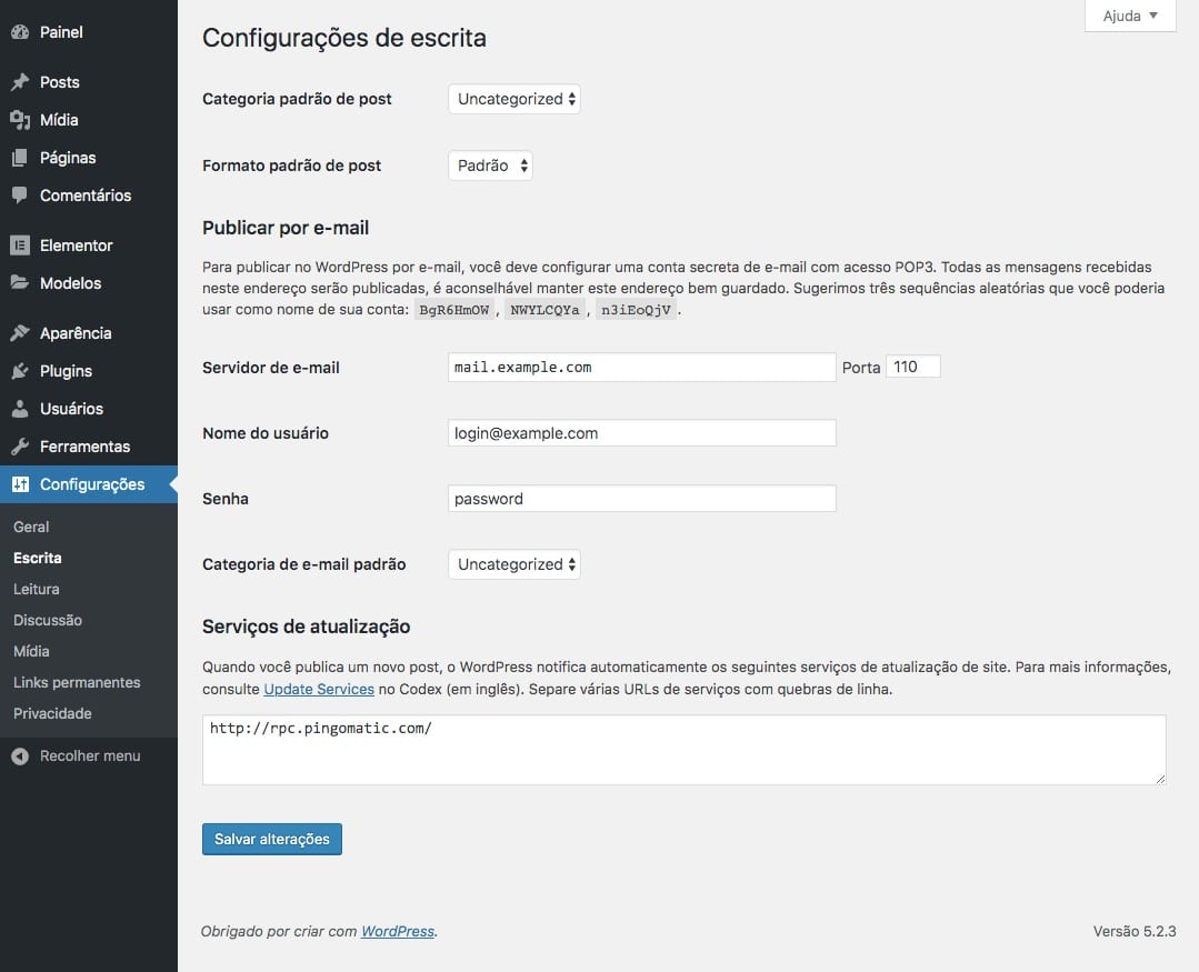 Configurações de Escrita do WordPress