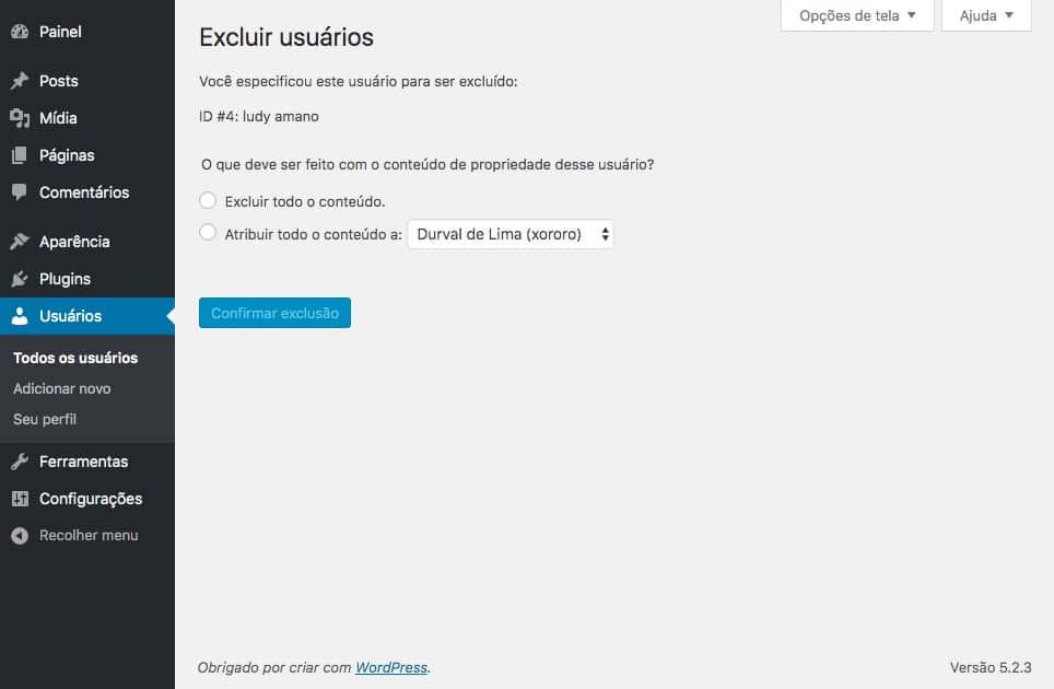 Tela de exclusão de usuários no WordPress