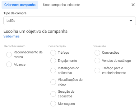 objetivos de campanhas no gerenciador de anúncios do facebook