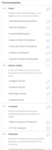 posicionamentos em campanhas no facebook, instagram e messenger