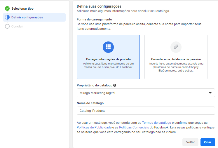 configurações do catálogo