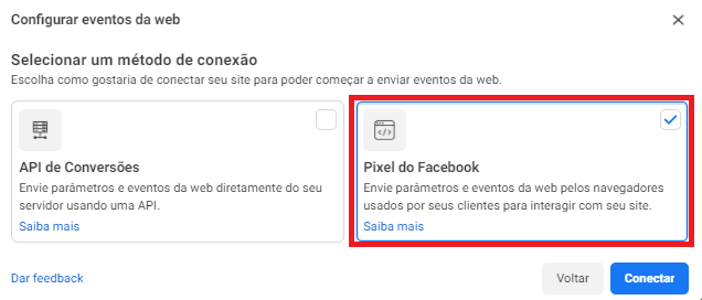 selecione a opção pixel do facebook