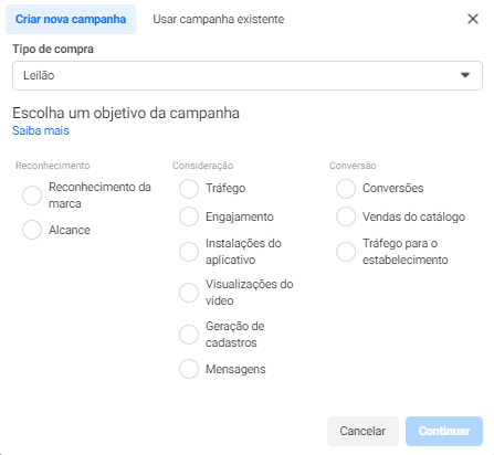 Objetivos de campanha no Facebook Ads