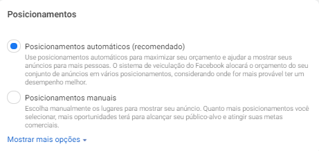 posicionamentos em campanhas no facebook