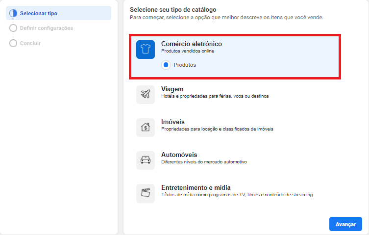 selecione o tipo de catálogo de produtos