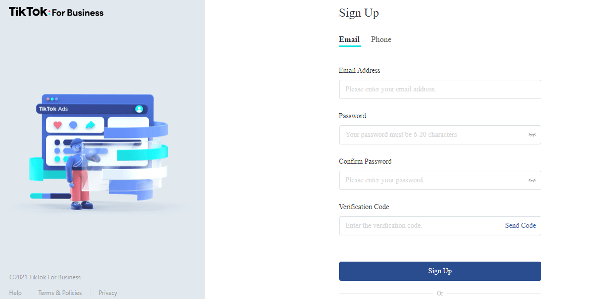 cadastro inicial do tiktok ads