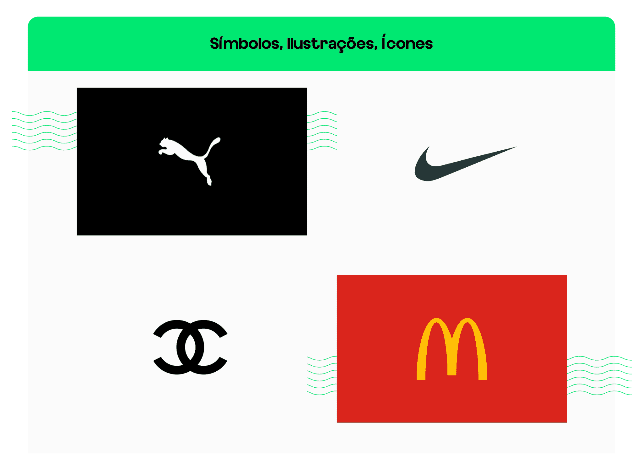 símbolos de marcas famosas. Puma, Nike, Chanel e Mc Donalds. Esse é o poder do branding: apenas um símbolo representa uma marca.
