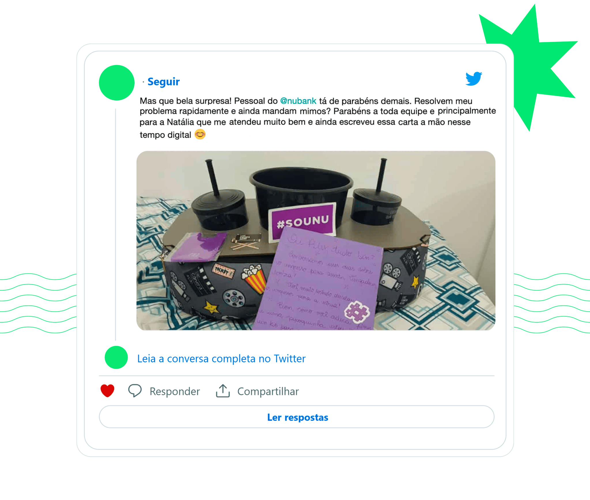 post no twitter de cliente satisfeito do nubank com a resposta e os mimos recebidos