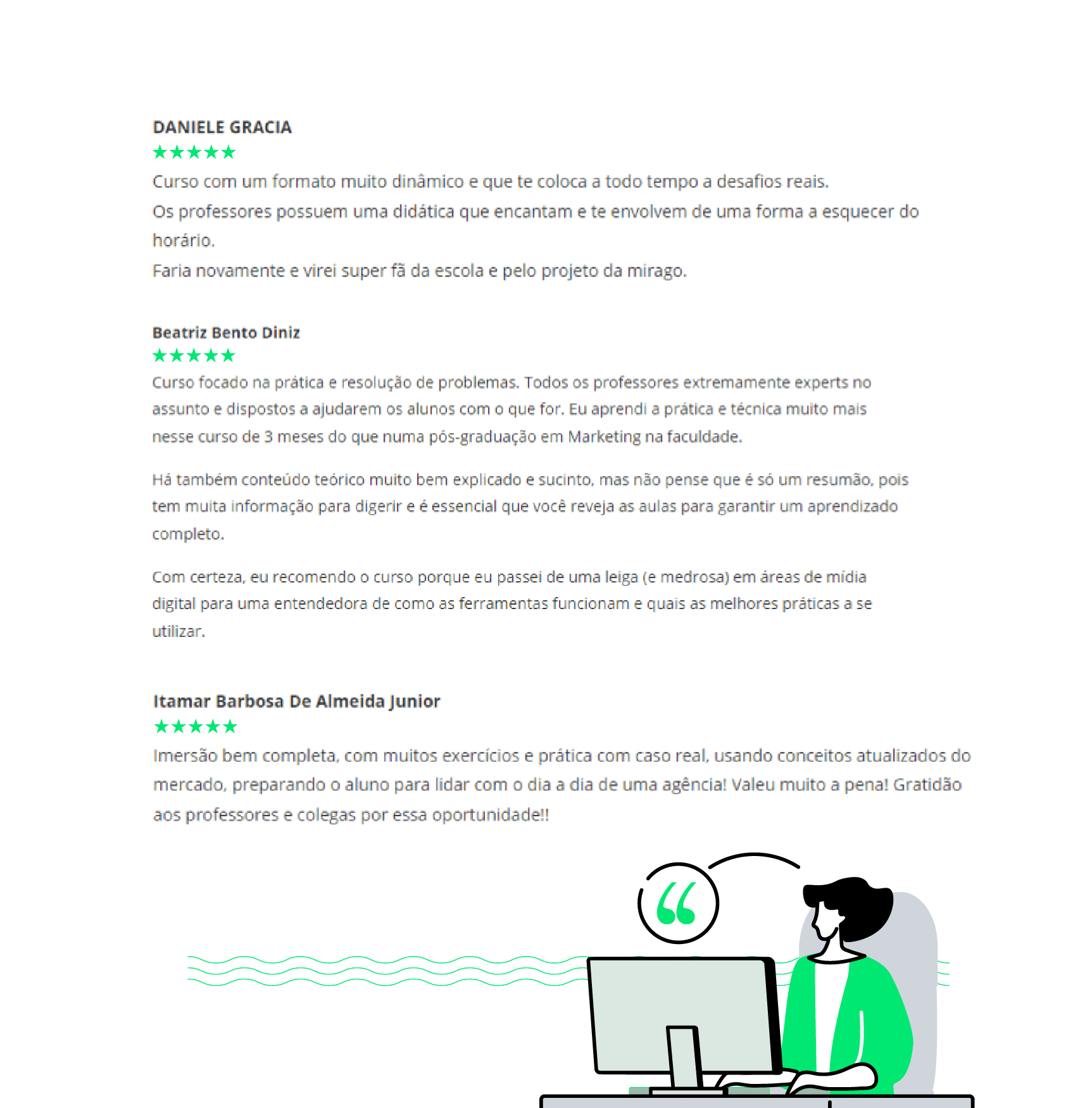 depoimentos sobre o curso de marketing digital da Mirago
