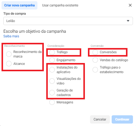 objetivos de campanha compatíveis com criativo dinâmico no facebook